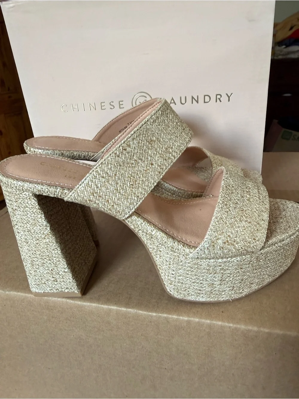 Chinese Laundry Beige Woven Platform Slide Sandals